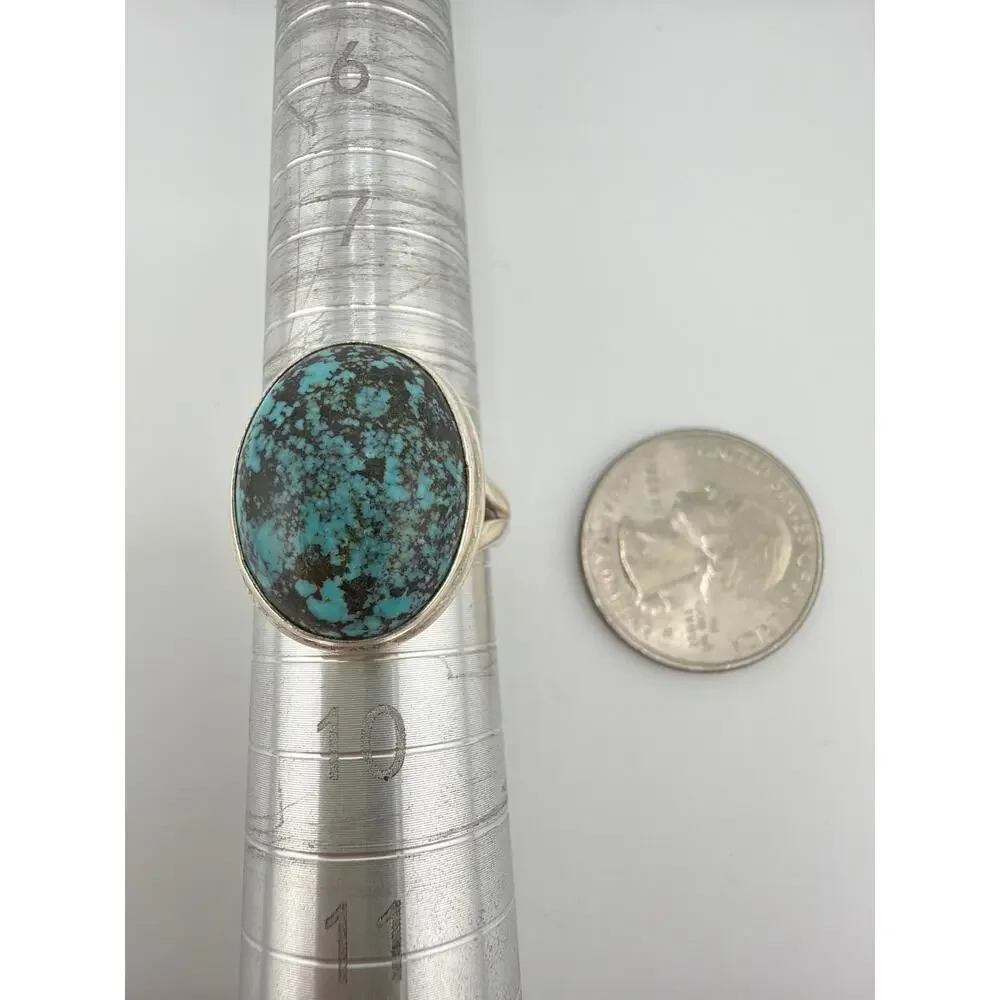 Large Oval Turquoise Matrix 925 Sterling Silver Statement Ring Size 9.5